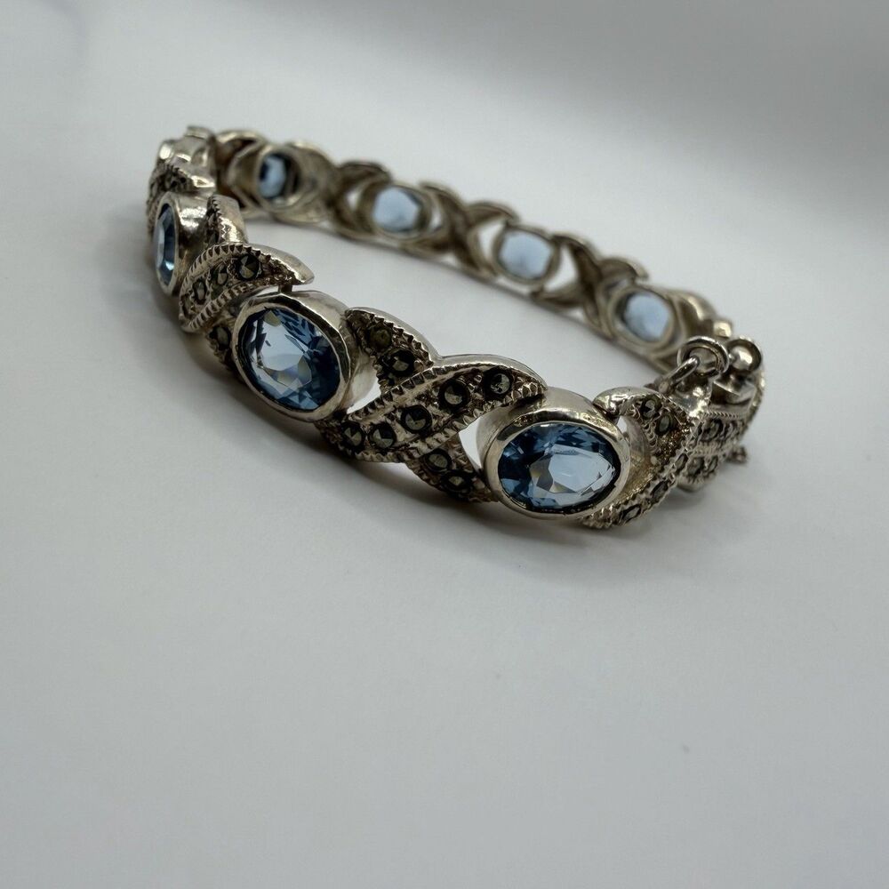 925 Sterling Silver Blue Topaz Marcasite Link Bracelet 8" 26.7g
